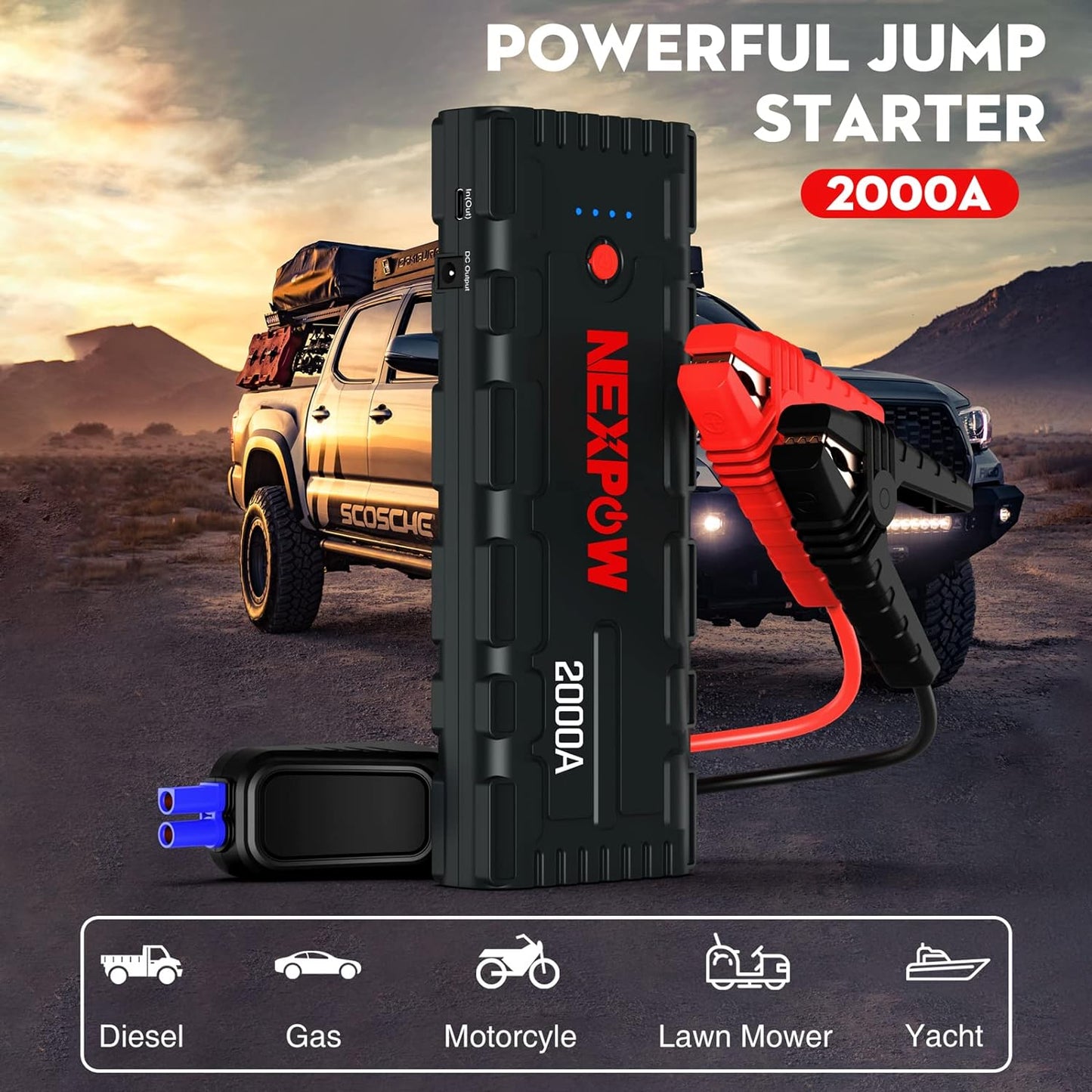 Car Jump Starter, 2000A Peak 12V Portable Car Battery Starter, Auto Battery Booster, Lithium Jump Box with LED Light/USB Quick Charge 3.0