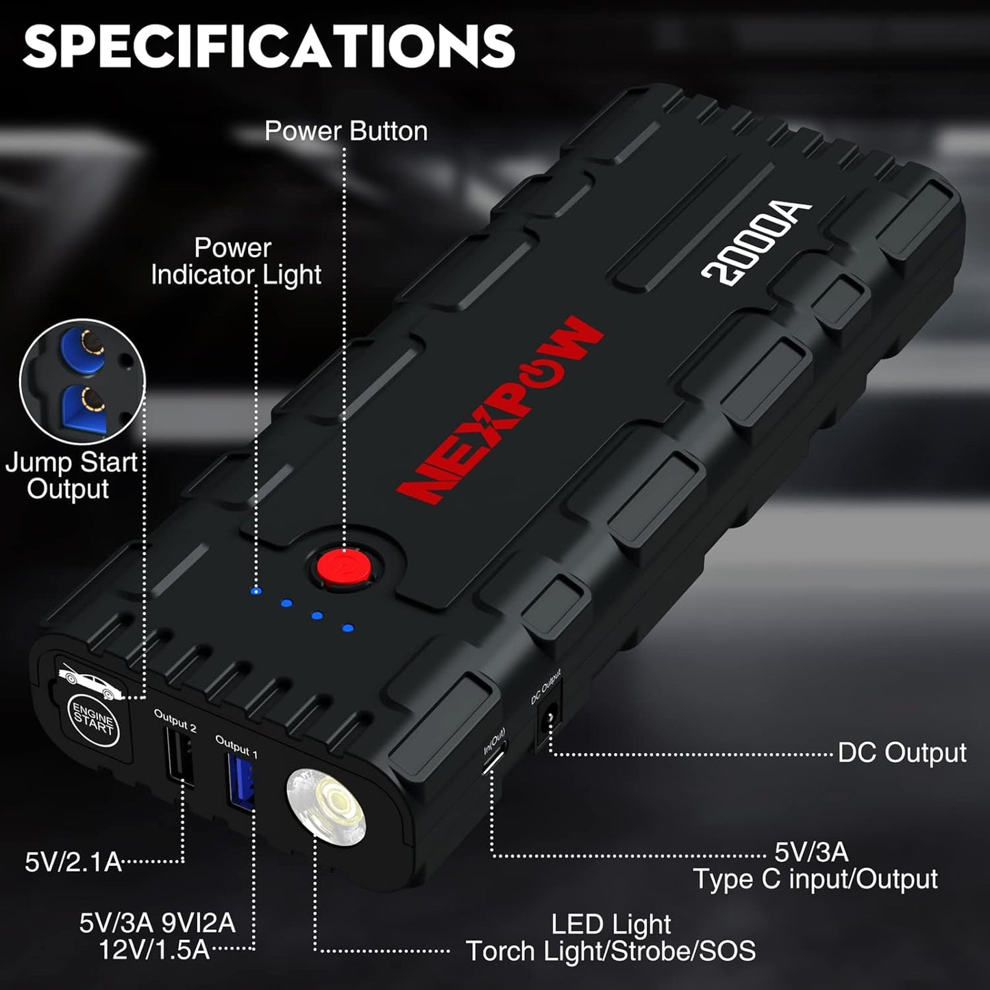 Car Jump Starter, 2000A Peak 12V Portable Car Battery Starter, Auto Battery Booster, Lithium Jump Box with LED Light/USB Quick Charge 3.0