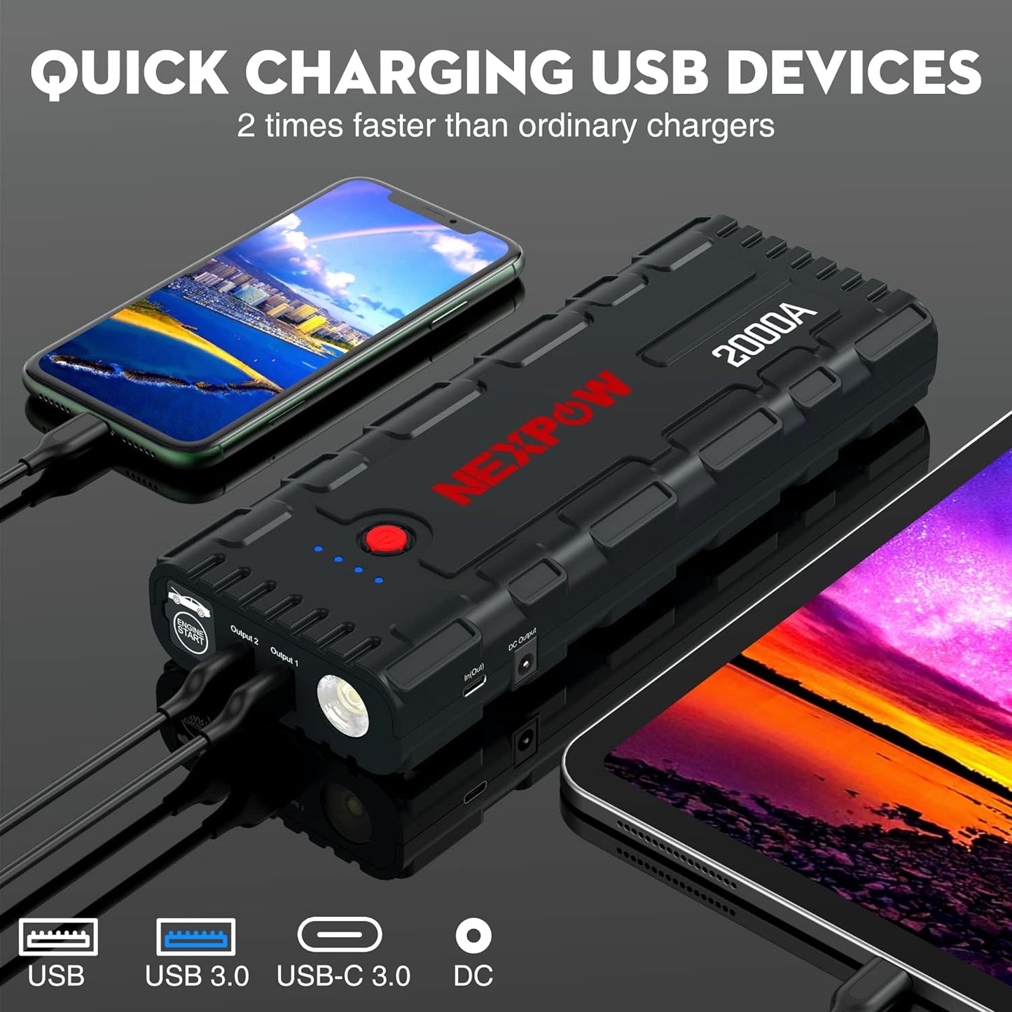 Car Jump Starter, 2000A Peak 12V Portable Car Battery Starter, Auto Battery Booster, Lithium Jump Box with LED Light/USB Quick Charge 3.0