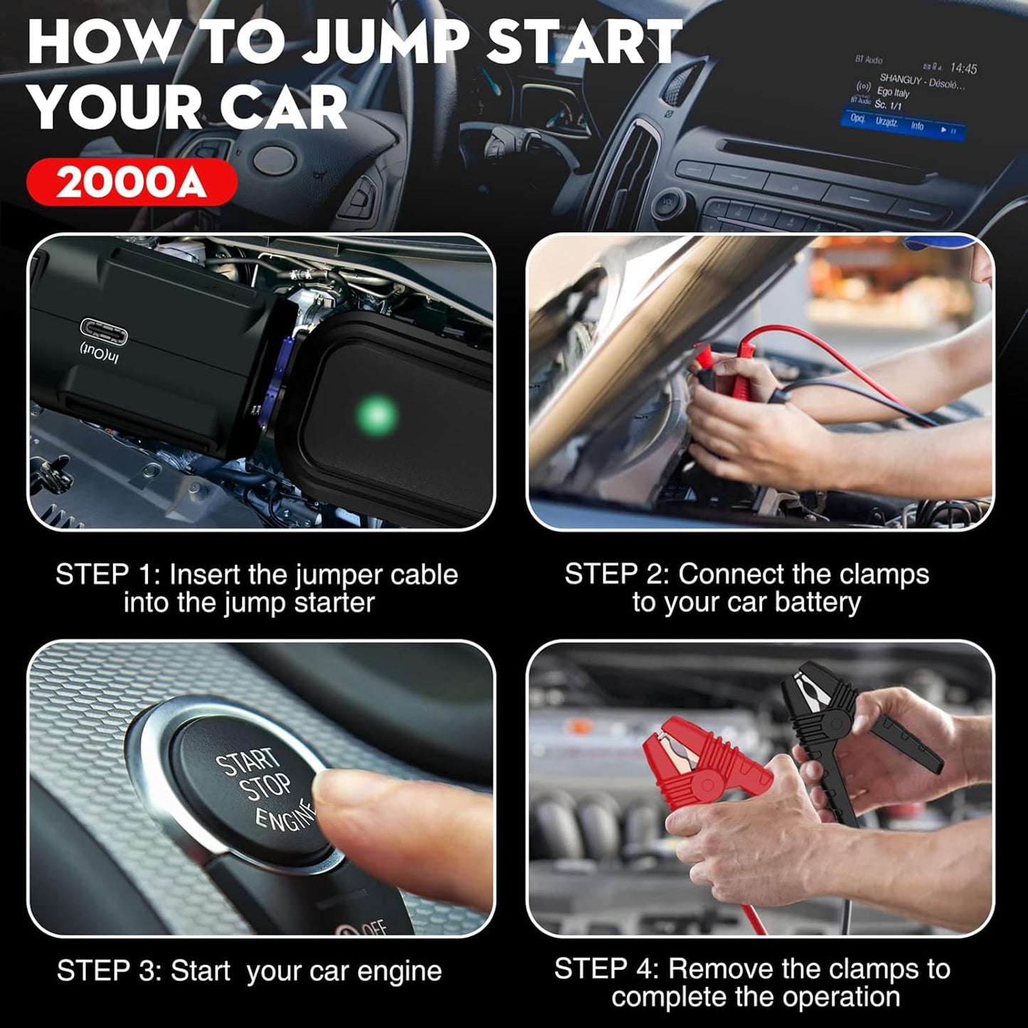 Car Jump Starter, 2000A Peak 12V Portable Car Battery Starter, Auto Battery Booster, Lithium Jump Box with LED Light/USB Quick Charge 3.0