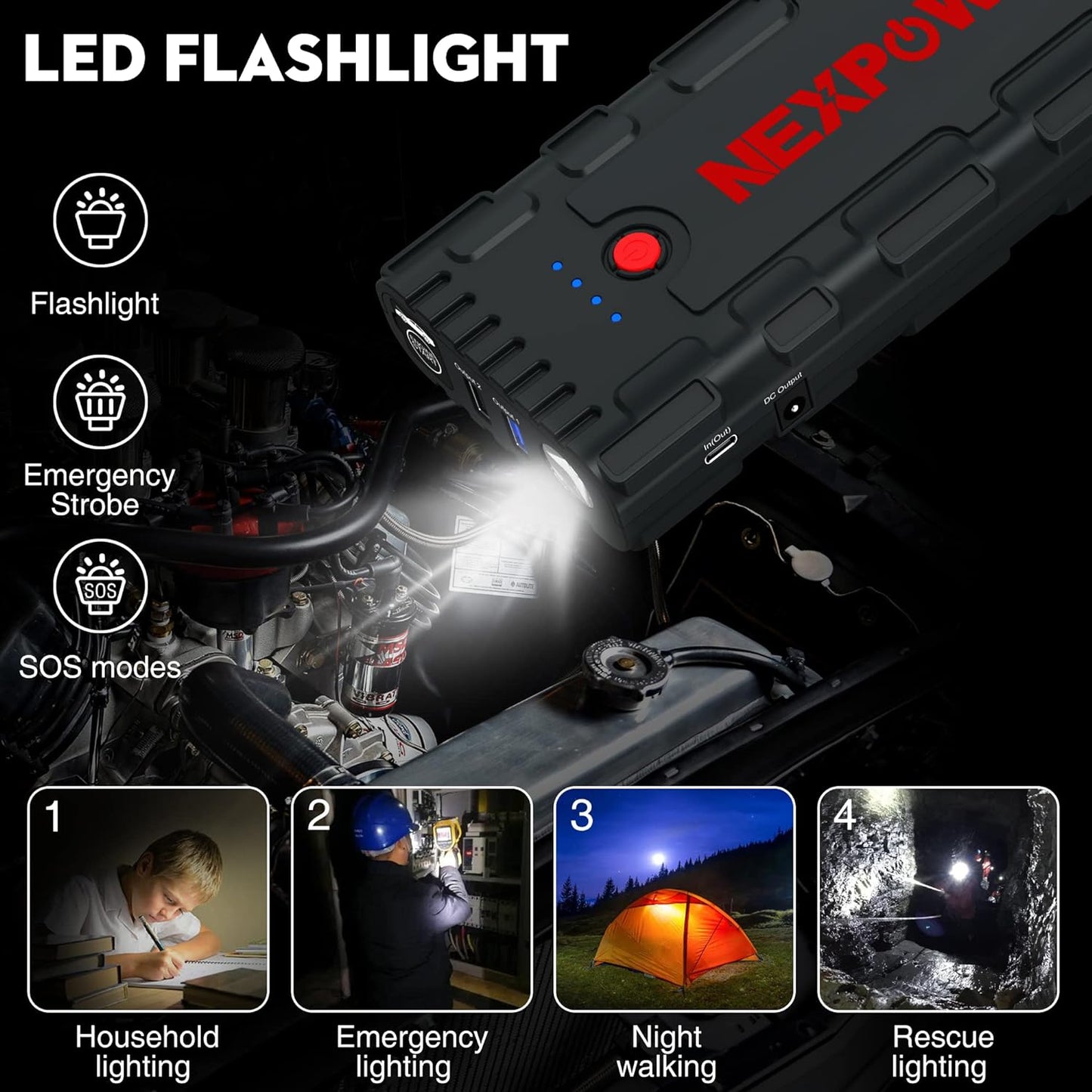 Car Jump Starter, 2000A Peak 12V Portable Car Battery Starter, Auto Battery Booster, Lithium Jump Box with LED Light/USB Quick Charge 3.0