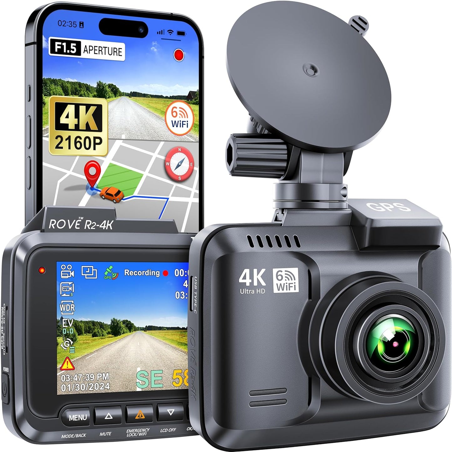 ROVE R2-4K Car Dash Cam Built-in WiFi GPS, 150° Wide Angle, WDR & Night Vision
